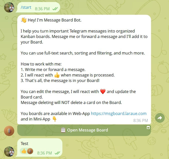 The bot's reaction to a new message