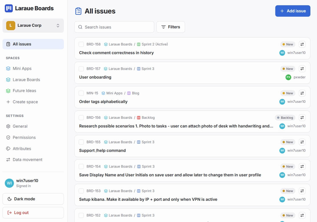 The All issues page, listing issues from every space with a search box and Filters