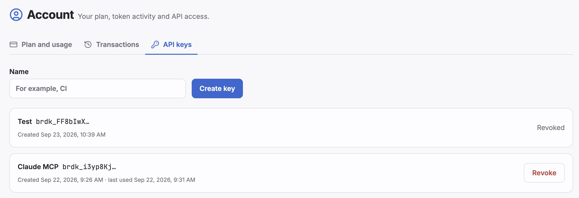 The API keys tab on the Account page, showing existing keys and the create key form