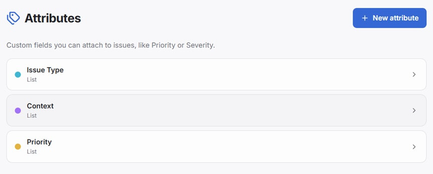 The Attributes settings page, listing existing attributes with their types