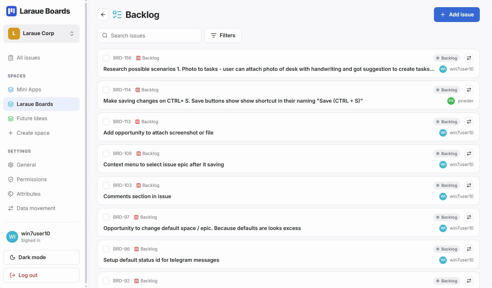 The Backlog showing a list of issues