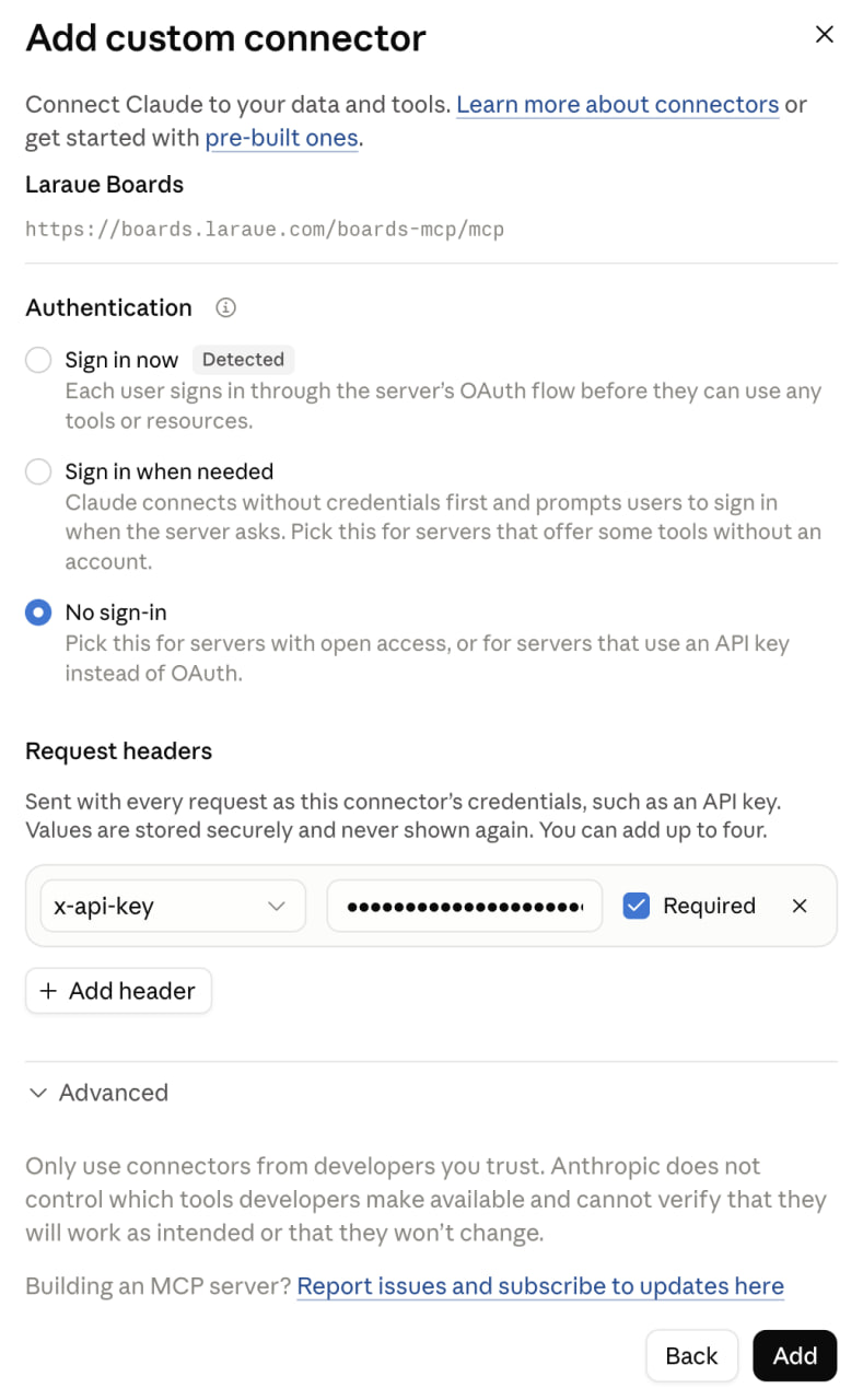 Adding the Laraue Boards MCP connector in Claude, with the server URL and X-Api-Key header