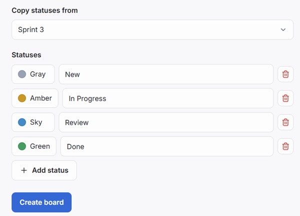 Choosing an existing epic to copy its status columns from when creating a new board
