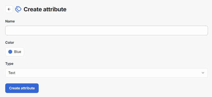 The Create attribute form, with Name, Color, and Type fields