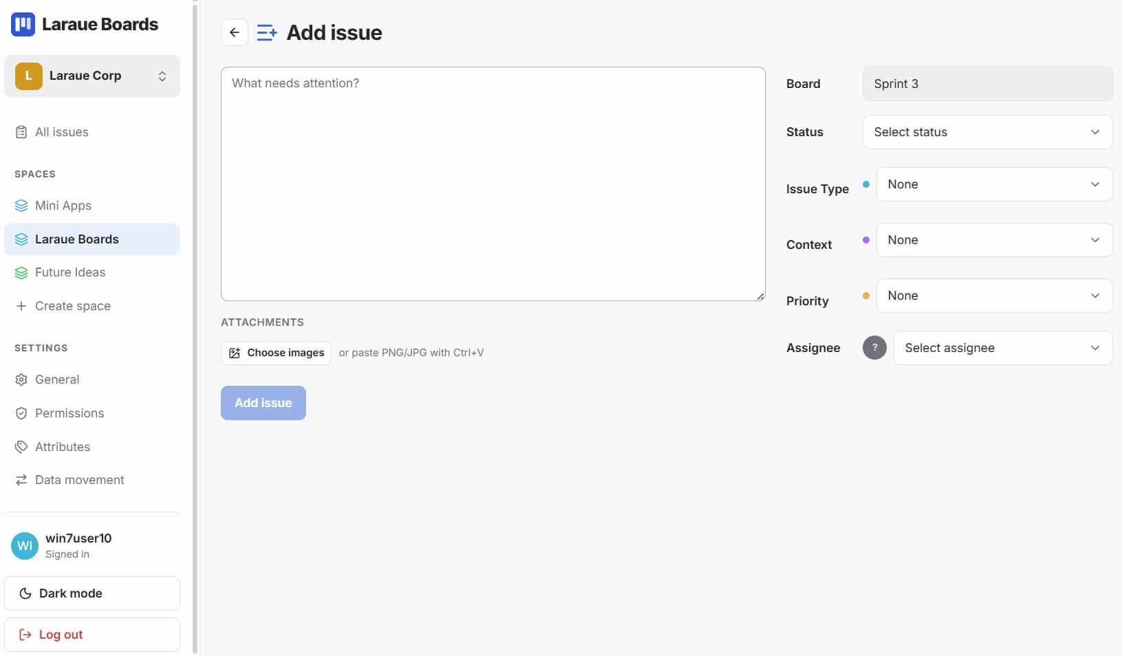 The Add issue form