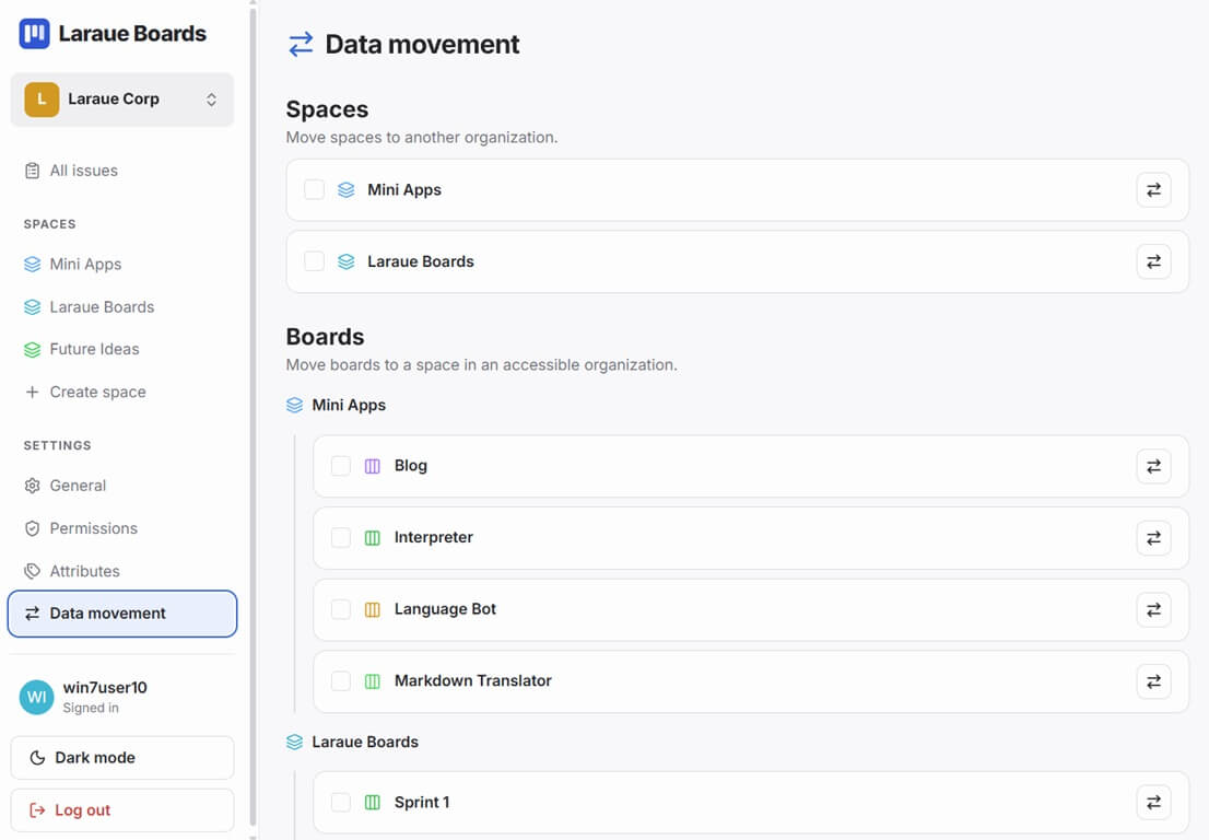 The Data movement page, with separate Spaces and Boards sections