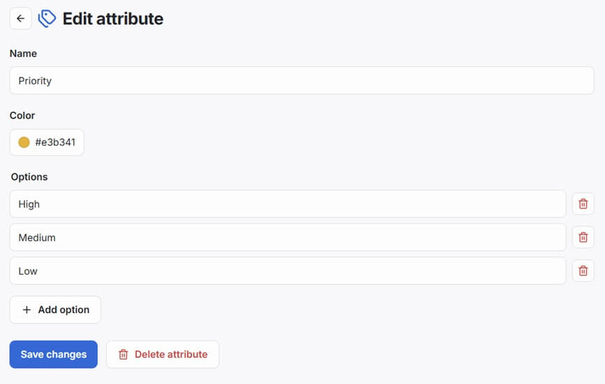 The Edit attribute page for a List attribute, showing its options