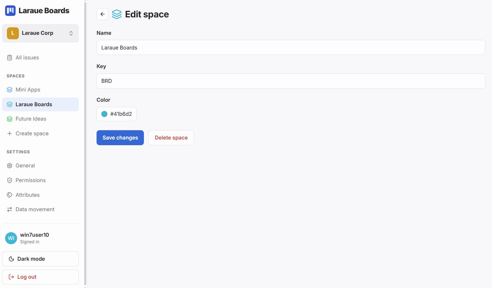 The Edit space screen, with Name, Key, and Color fields, and Save changes and Delete space buttons