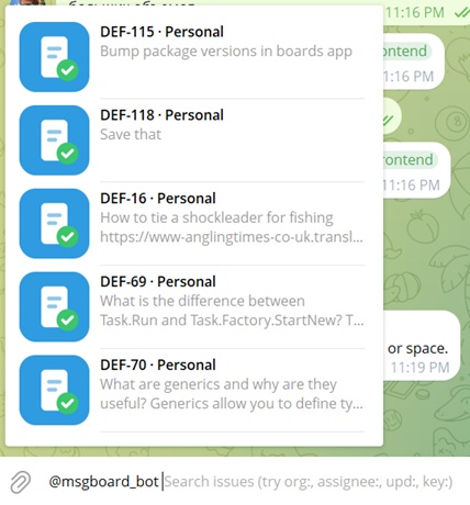 Typing an inline query for the bot and seeing matching issues appear above the keyboard