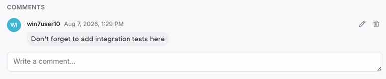 The Comments tab on an issue, showing a comment with edit and delete icons