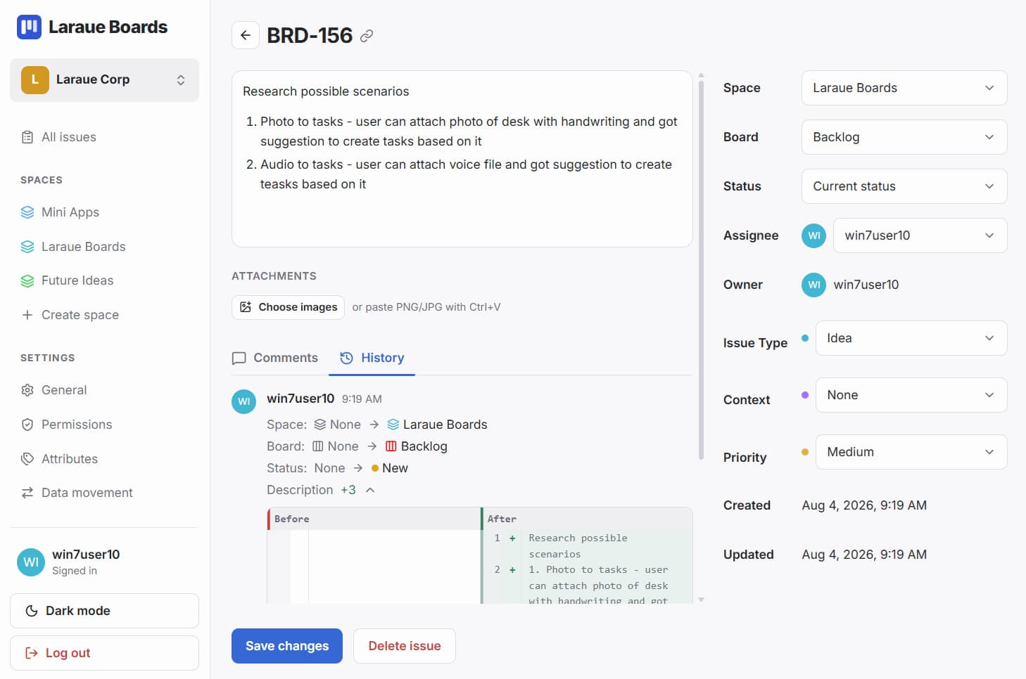 The issue detail view in Laraue Boards, showing content, status, issue key, a custom attribute