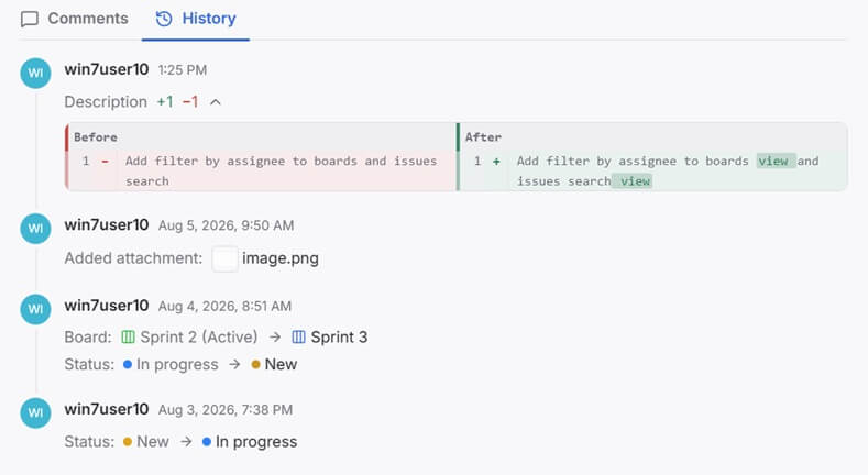 The History tab on an issue, showing an attribute change, a comment diff, a content diff, an added attachment, and a board and status change grouped together
