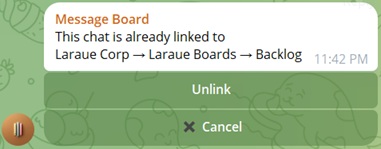 The /link menu for an already-linked chat, showing the destination and an Unlink button