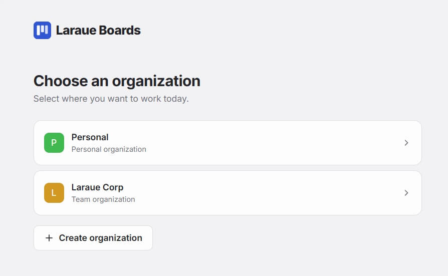 The organization selection screen, listing Personal and a team organization, with a Create organization button