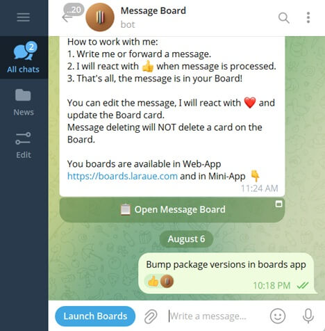 A forwarded message in Telegram with the bot's reaction confirming it was saved