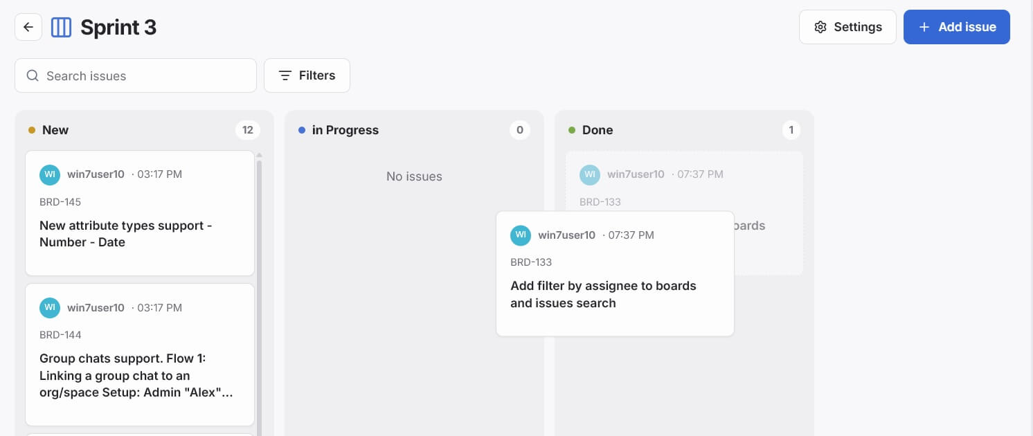 Dragging an issue card from one status column to another