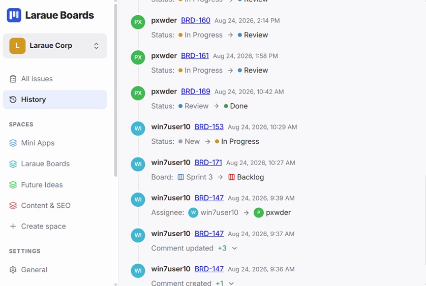 The History page in the sidebar, listing changes across multiple issues with the user who made each change