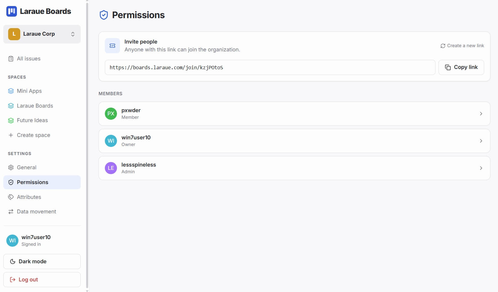 The Permissions settings page, showing the invite link and a list of members with their roles