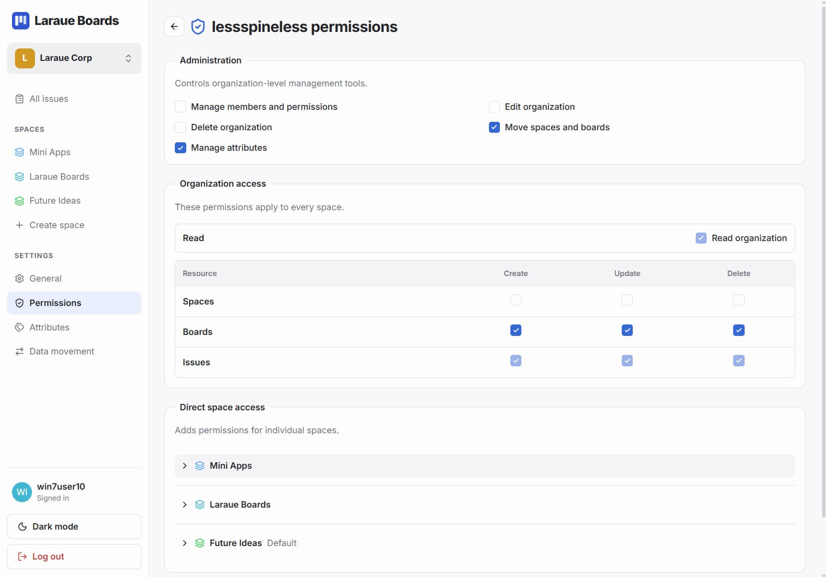 Configuring per-operation permissions for an organization in Laraue Boards