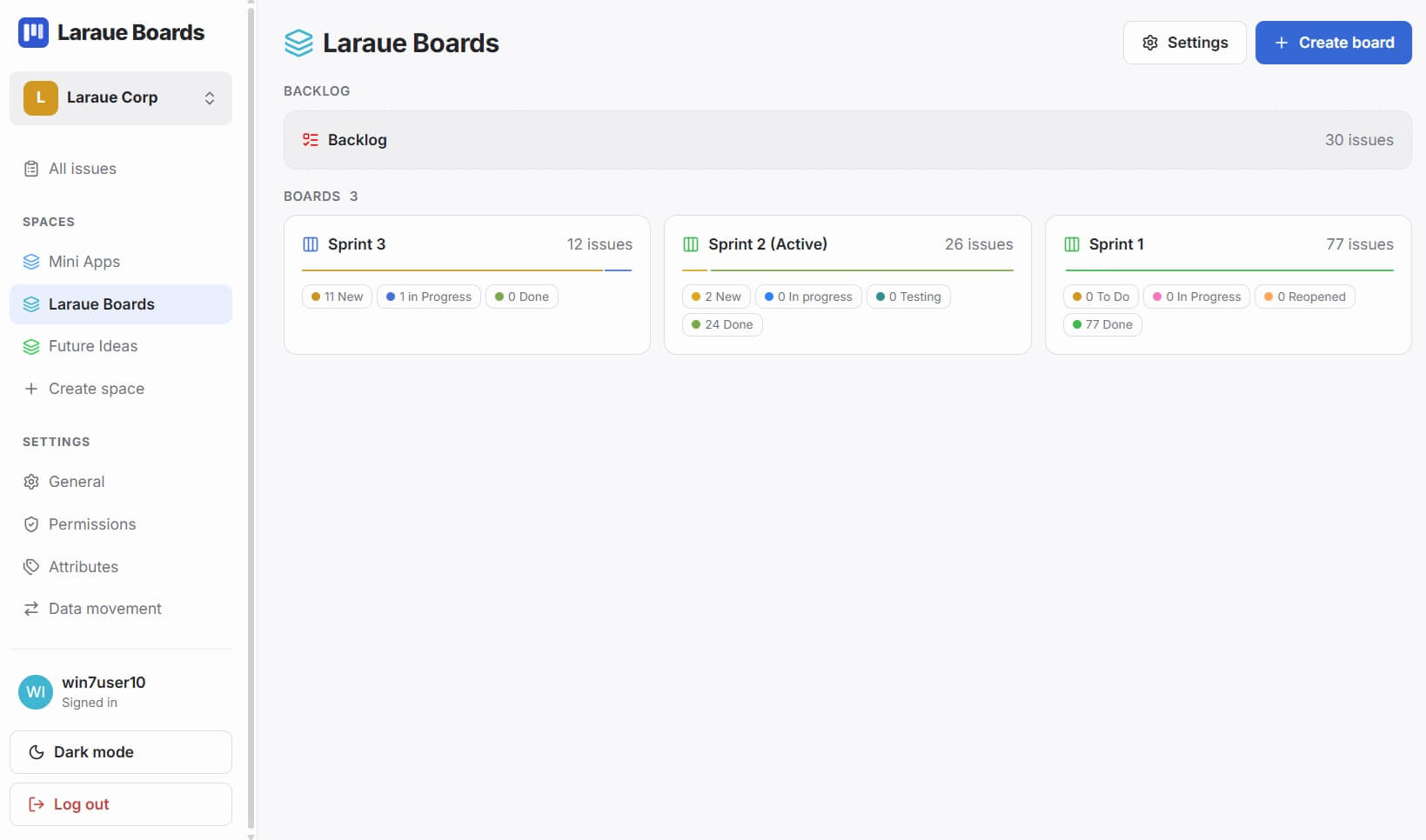 A space overview showing the Backlog and a grid of boards with progress bars