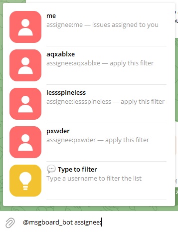 Typing assignee: in the bot and Telegram listing me plus matching usernames to filter by