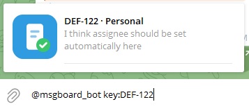 Typing key:DEF-122 in the bot and Telegram showing that exact issue as the only result