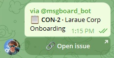 A message sent into the chat after selecting a search result, showing the issue key, organization, title, and an Open issue link