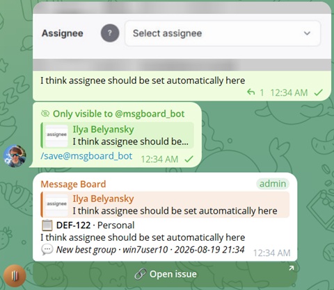 Replying to a message with /save and a note in a group chat