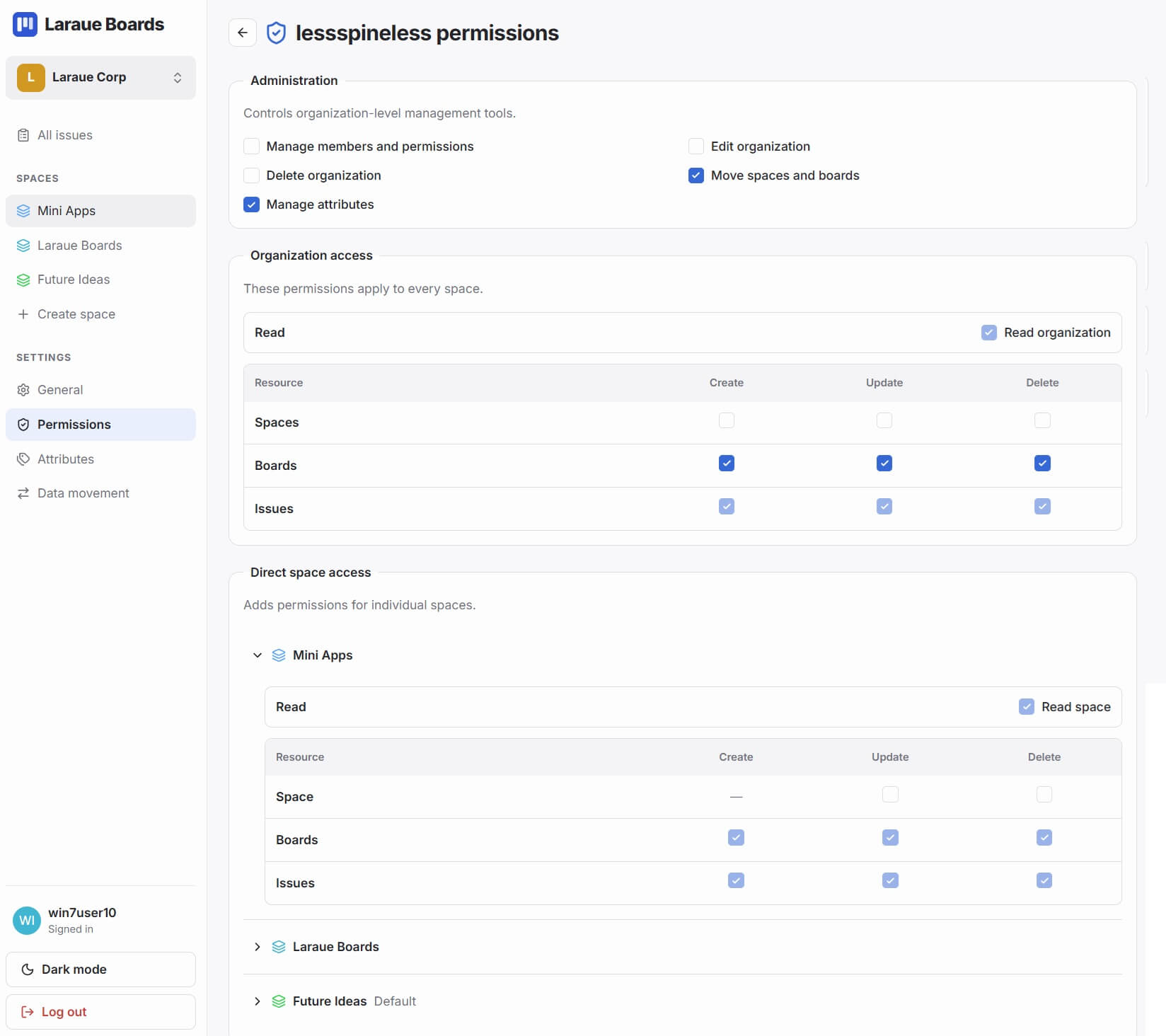 A member's permissions page, showing Administration, Organization access, and Direct space access