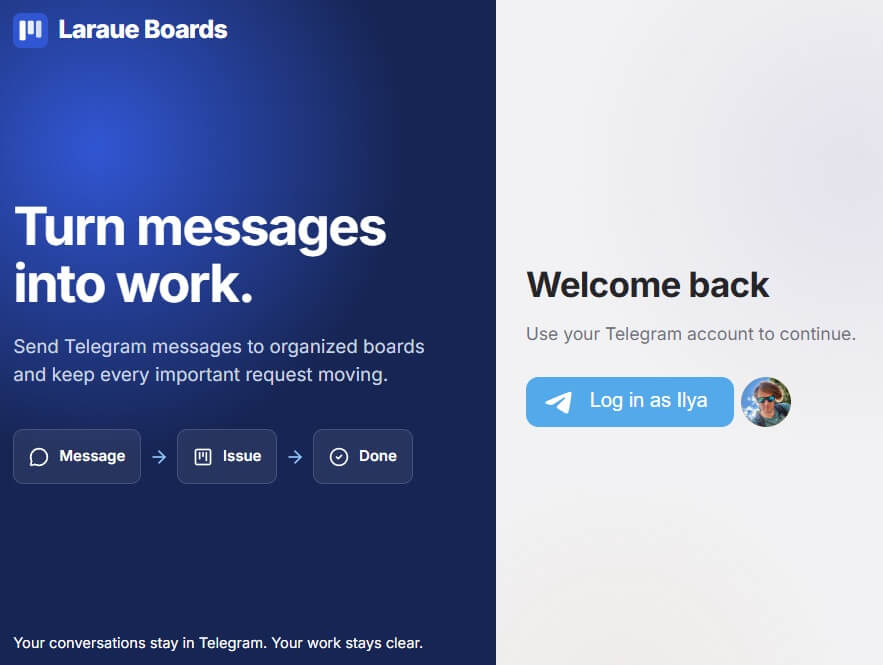 The web login screen with the Log in with Telegram button