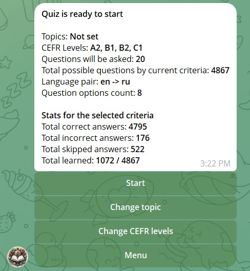 Vocabulary Bot quiz ready to start, showing language pair and level selection before beginning a session