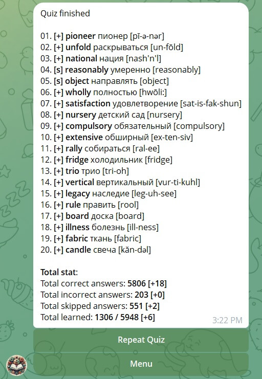 Vocabulary Bot quiz result screen showing correct answer feedback and updated learning streak