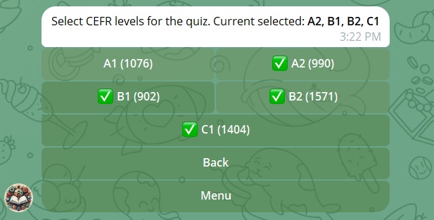 Telegram bot interface showing CEFR language level selection from A1 beginner to C1 advanced